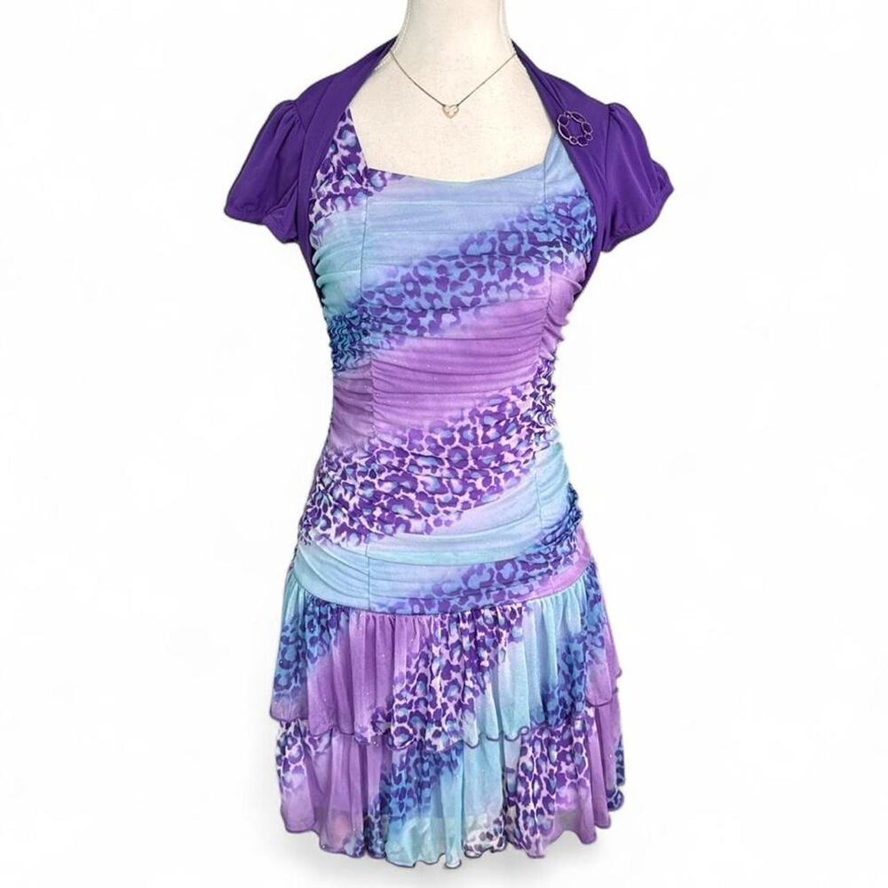 IZ Byer Y2K Fairy Twee Core Purple blue leopard print baby doll dress size XS